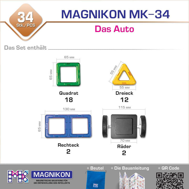 MAGNIKON Magnetische Bausteine 34 Teile Auto, Magnetbausteine, ideal als Konstruktionsspielzeug zur