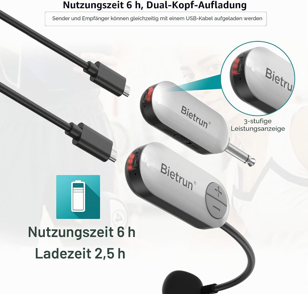 Bietrun UHF-Headset mit kabellosem Mikrofon, 50 m Reichweite, Betriebszeit 6 Stunden, 6,35-mm-Stecke