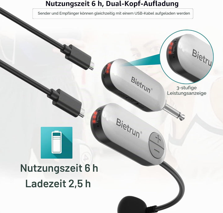 Bietrun UHF-Headset mit kabellosem Mikrofon, 50 m Reichweite, Betriebszeit 6 Stunden, 6,35-mm-Stecke