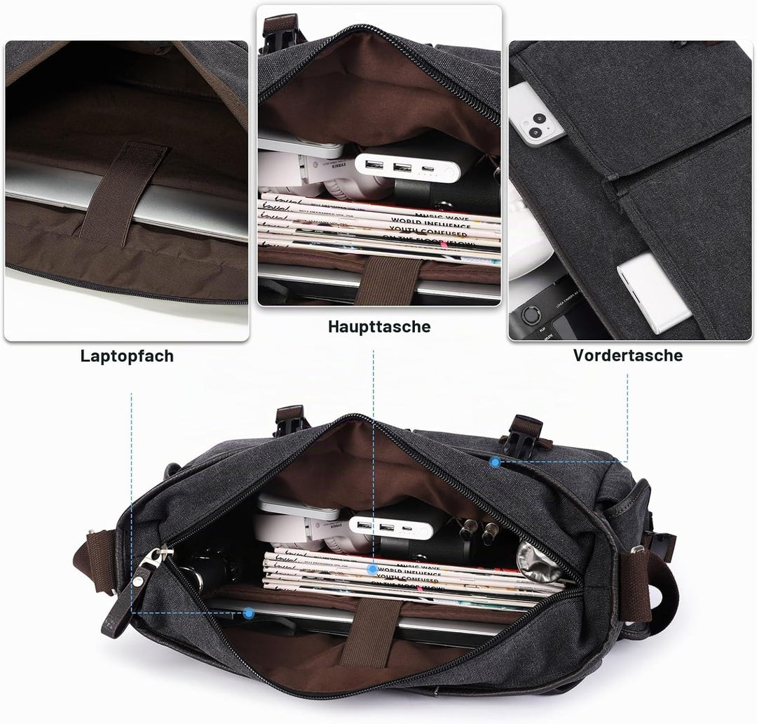 Umhängetaschen Herren aus Canvas, Vintage Canvas Messenger Bag, Laptoptasche 15.6 Zoll Arbeitstasche