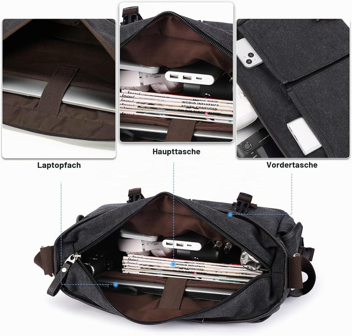 Umhängetaschen Herren aus Canvas, Vintage Canvas Messenger Bag, Laptoptasche 15.6 Zoll Arbeitstasche