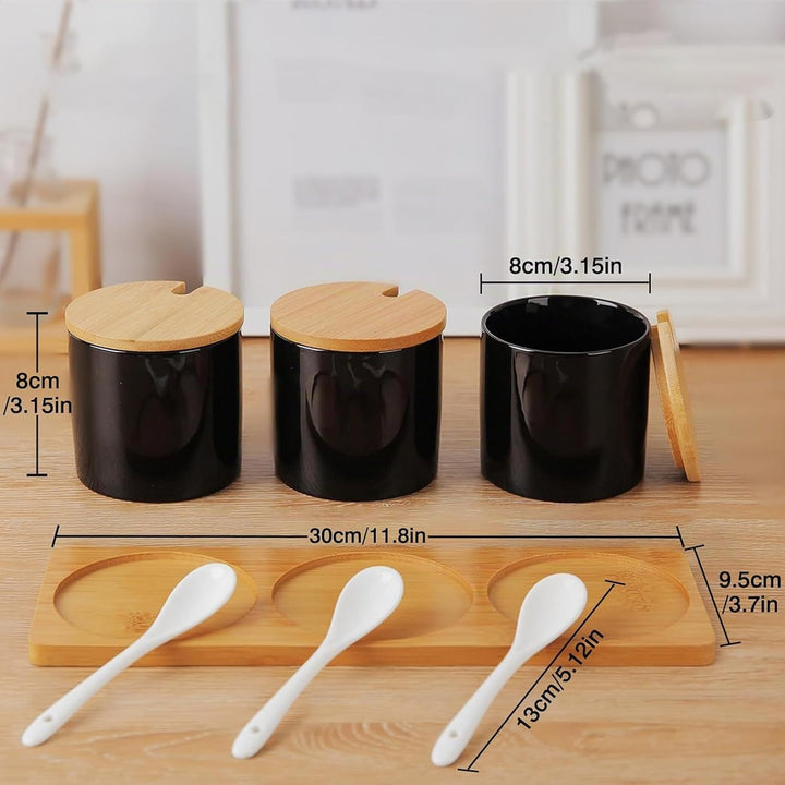 3 Stück Keramik Zuckerdose, Topf mit Salz, Gewürzglas, Box mit Löffel und Bambusdeckel (schwarz) Noi