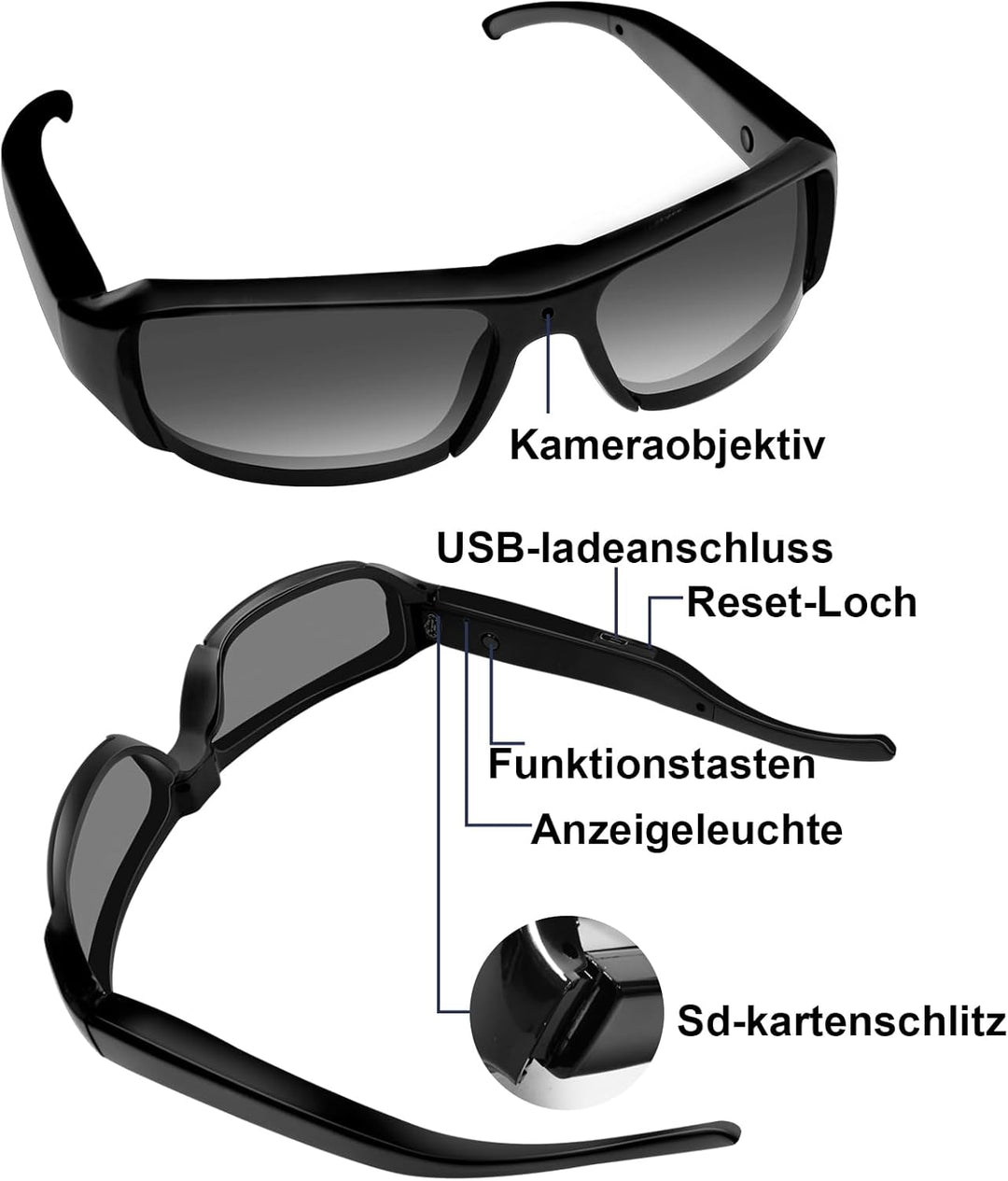 Sport Brillenkamera, Action Cam HD 1080P Sonnenbrille Sport Kamera Mini Action Kamera, Fahrrad Motor