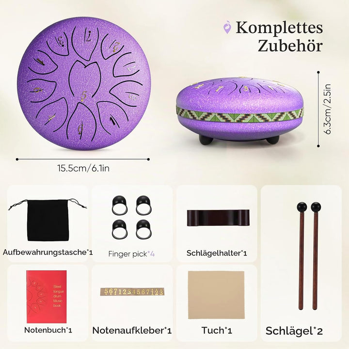 Zungentrommel, Sunowl 6 Zoll 11 Tone Steel Tongue Drum Satz, D-Dur, Stahlzungentrommel für Kinder Er