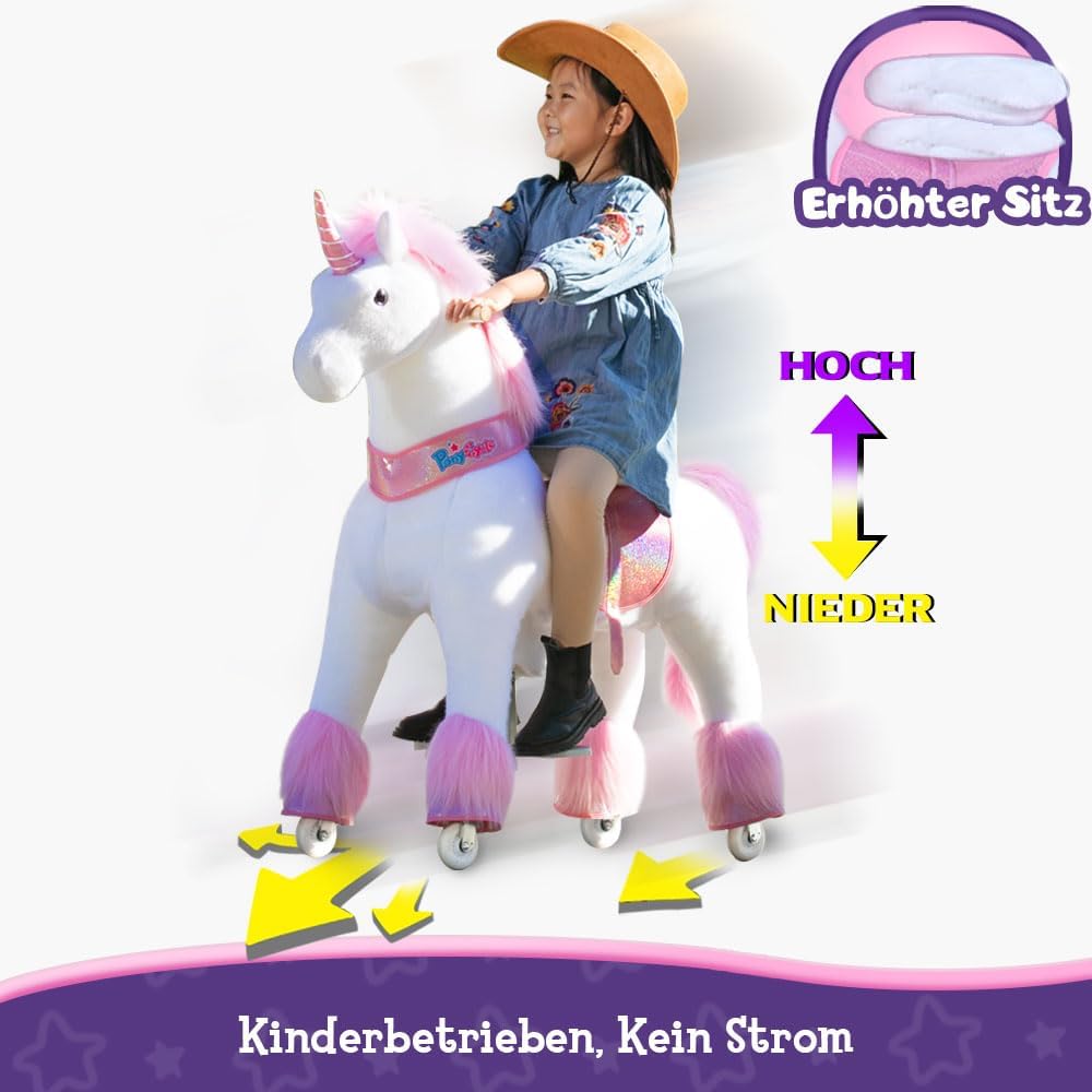 PonyCycle Einhorn zum Reiten, für Erwachsene/Kinder ab 7, 76cm Hoch, Einhorn auf Rollen mit Handbrem