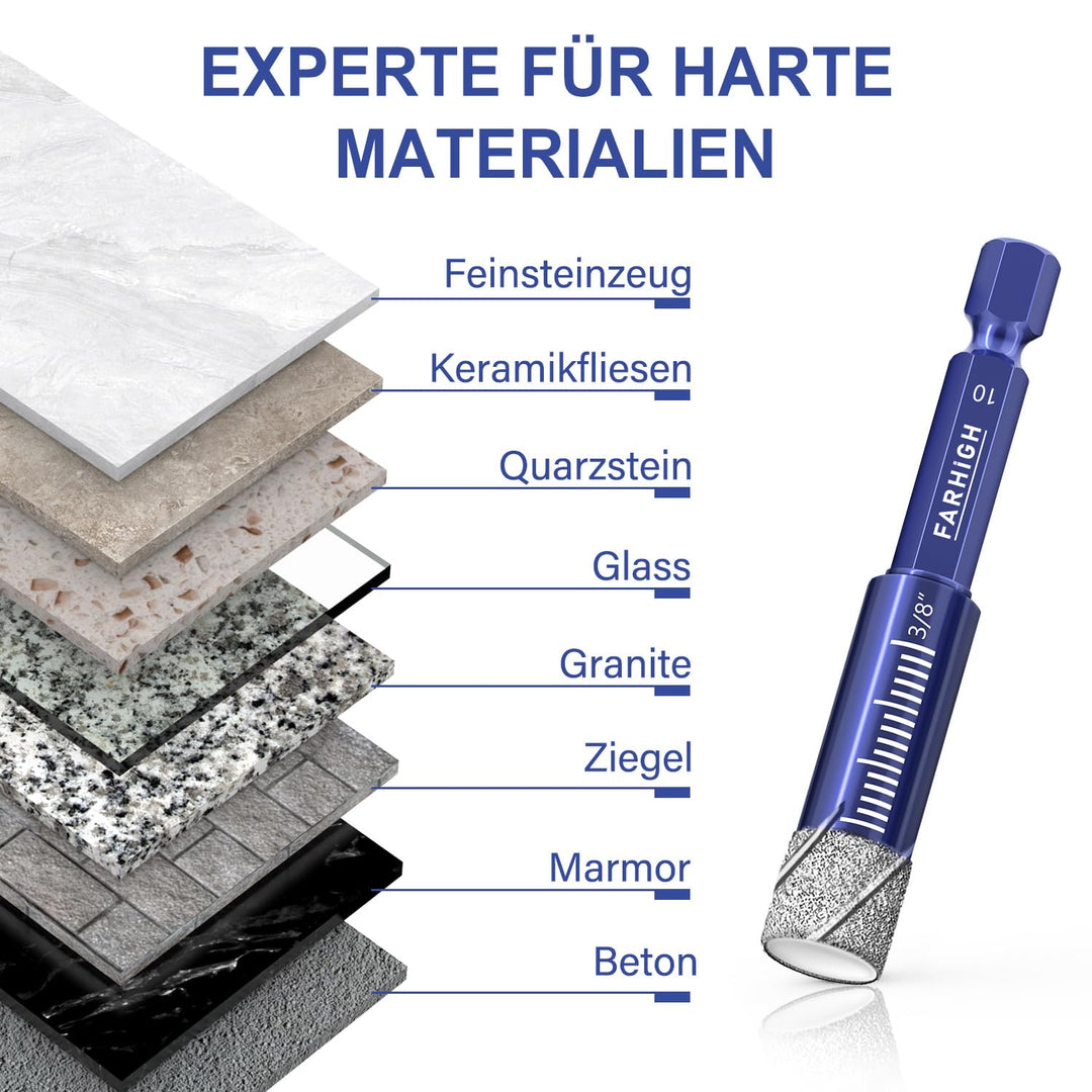 Diamantbohrer Fliesenbohrer Glasbohrer Set 6 tlg. 6, 8, 10, 12mm & 6mm Wolframstahl-Legierungsbohrer