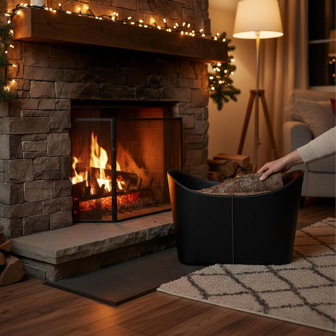 Relaxdays, schwarz Kaminholzkorb Kunstleder XL, stabiler Feuerholzkorb mit Tragegriffen, für Brennho