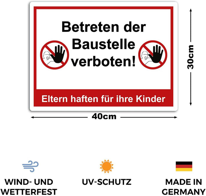 5 Stück XXL Betreten der Baustelle verboten Schild 40 x 30 cm Eltern haften für ihre Kinder ! aus st