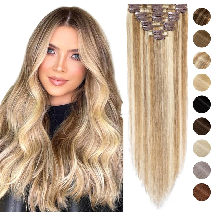 Silk-co Echthaar Clip In Extensions 8 Tressen 18 Clips 60g, Blonde Highlighted Hair Extensions, Remy