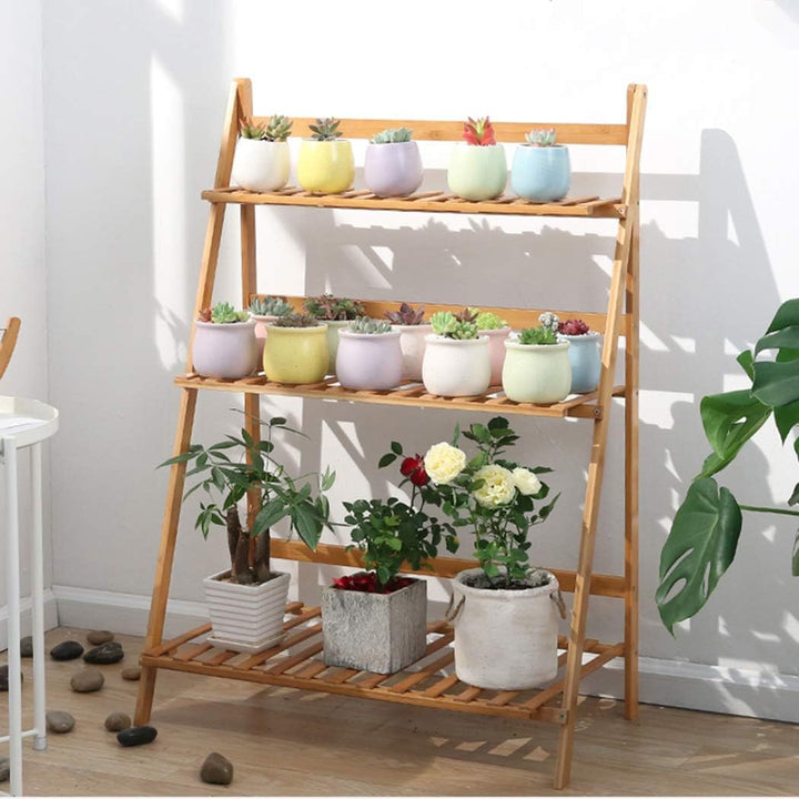 medla Blumentreppe aus Holz, Blumenständer für innen draussen, 3-stufig, Pflanzentreppe Klappbar, Bl