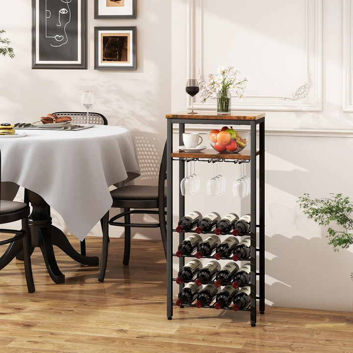 IBUYKE Weinregal für 16 Flaschen,Freistehendes Weinregal Metall mit Glashalter,Weinschrank Display,M