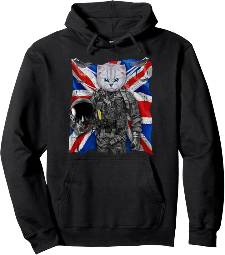 Weisse Katze als Kampfpilot mit Union Jack Flagge Pullover Hoodie