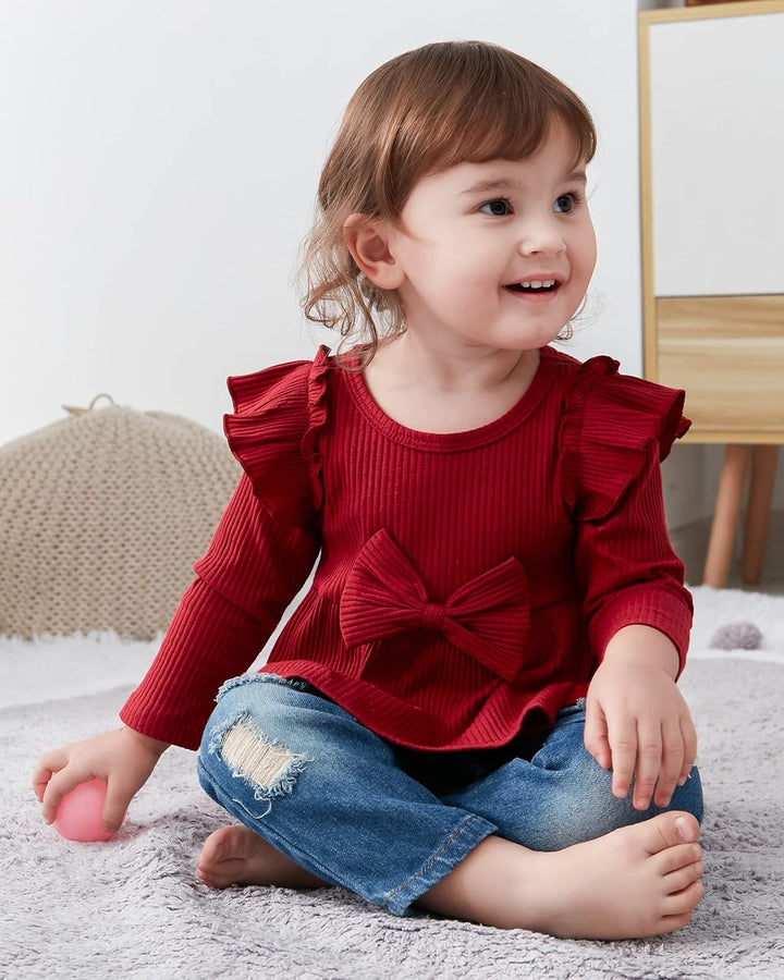 Baby-Mädchen Bekleidungssets Rüschen Langarm Top + Jeans Hosen 2tlg Kleinkinder Mädchen Geburtstag O