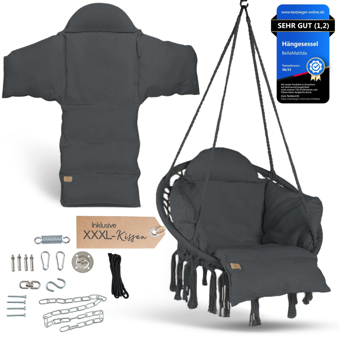BELLAMATILDA® Hängesessel mit XXXL Kissen 100% Baumwolle | Weicher Hängestuhl Outdoor & Indoor | Hän