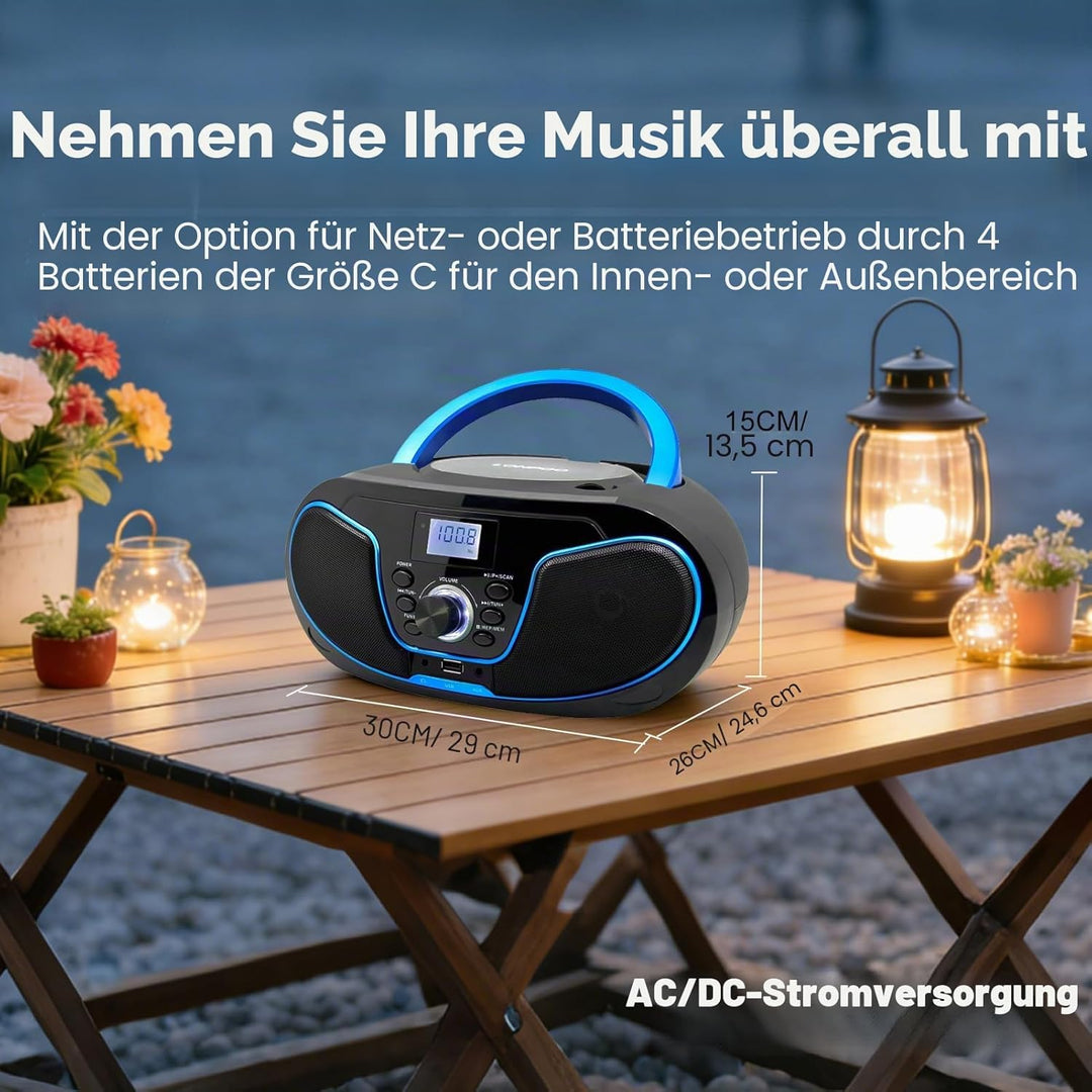 Tragbar CD Player Boombox Bluetooth - mit UKW Radio, USB Eingang & AUX & Kopfhörern Ports, 2 x 2 Wat