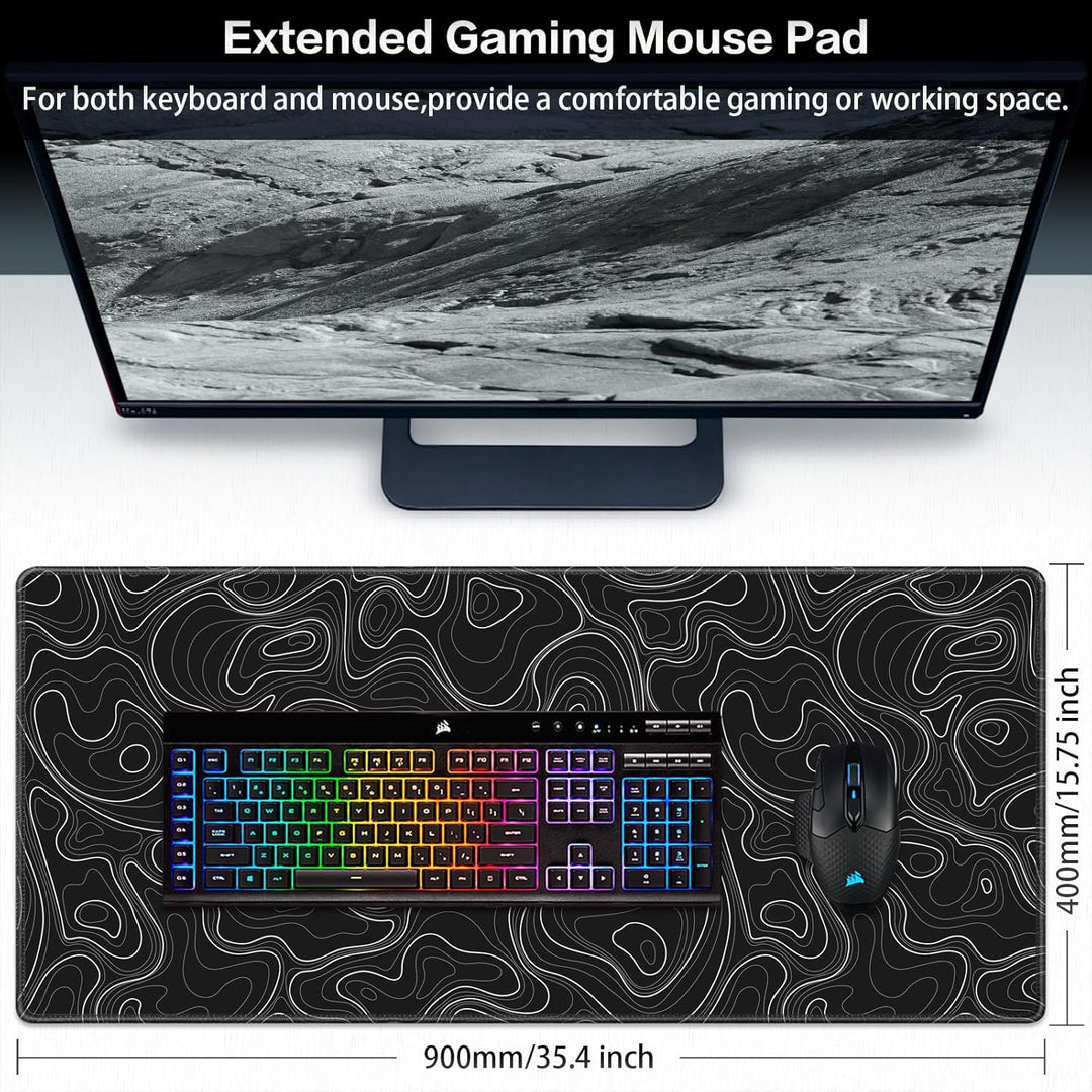 Gaming Mauspad XXL, Mousepad 900 x 400mm, Schwarz Topographisch Schreibtischunterlage gross Vernähte