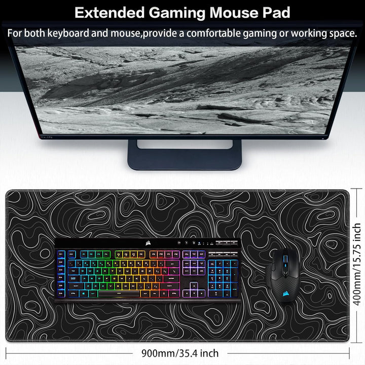Gaming Mauspad XXL, Mousepad 900 x 400mm, Schwarz Topographisch Schreibtischunterlage gross Vernähte