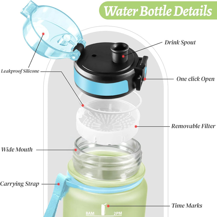 HoneyHolly Trinkflasche 1L, Auslaufsicher mit Zeitmarkierung, Wasserflasche, Sportflasche mit Filter
