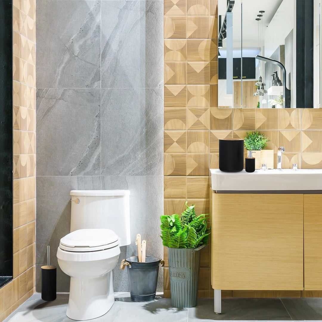 Relaxdays Badezimmer Set, 6-teilig, Badaccessoires Kunststoff, Bambus, komplette Badezimmerausstattu
