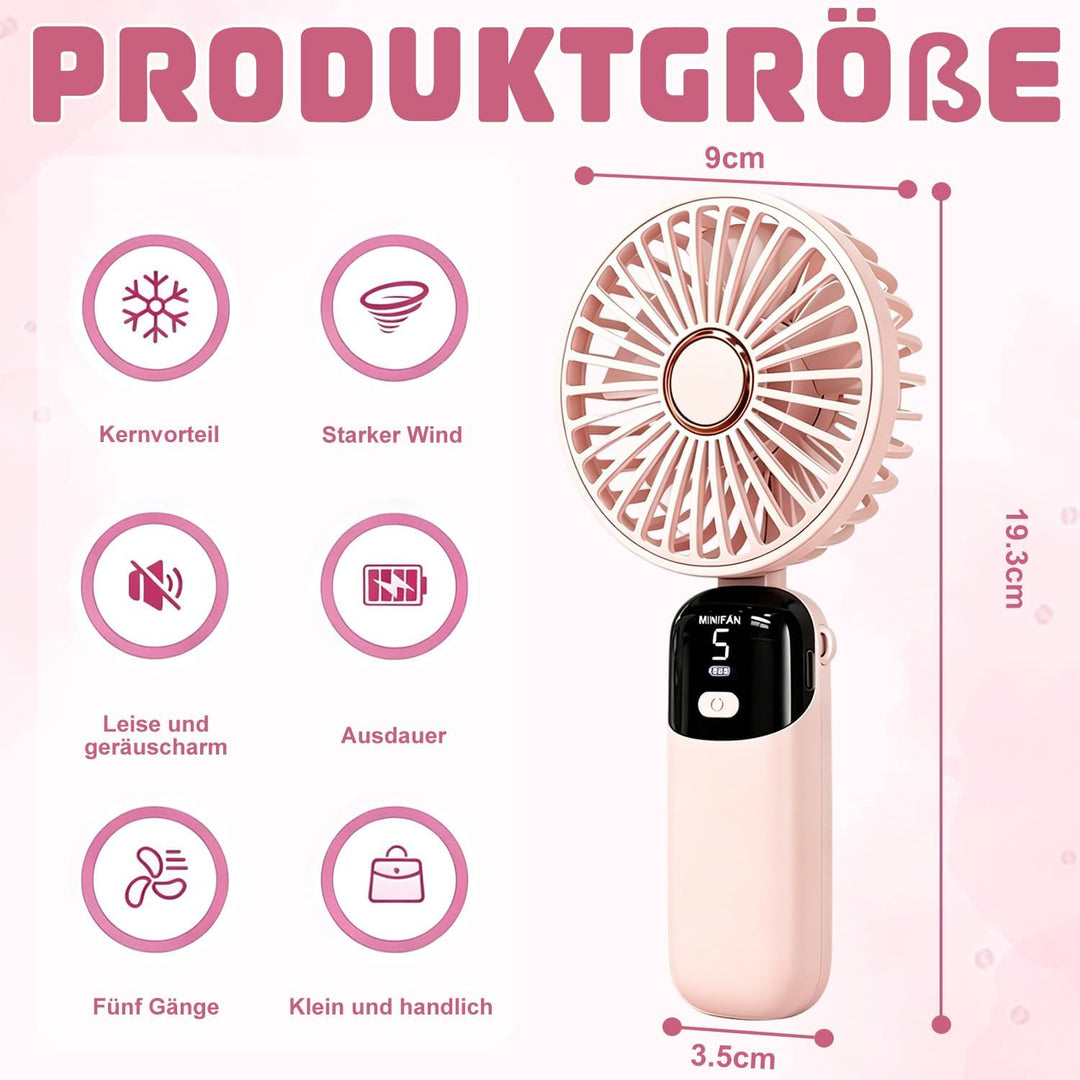 Handventilator Mini tragbarer USB-Lüfter, 5 Geschwindigkeitsstufen mit Halfter und Basis, klappbar f