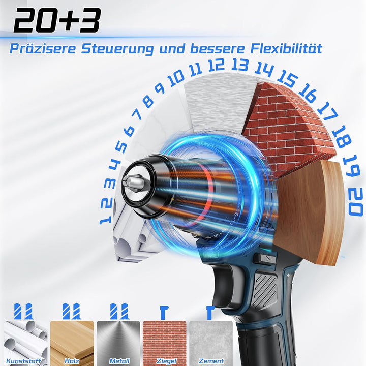 21V Akku Bohrschrauber, Bürstenlos Akkuschrauber mit 4,0Ah Akku 50Nm Drehmoment Max, 20+3 (2-Gang-Ge