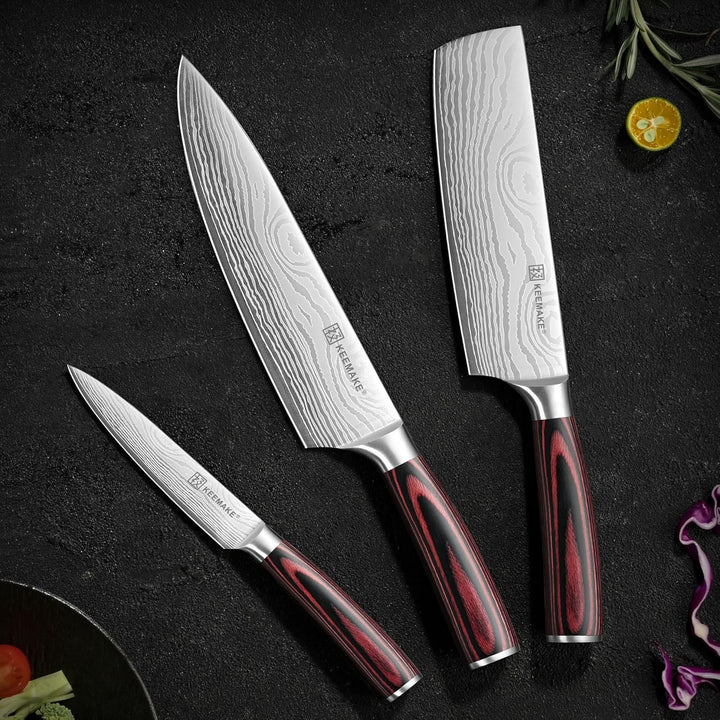 KEEMAKE Messerset 3 teilig, Küchenmesser Set aus Edelstahl mit Profi Kochmesser Nakiri Messer Allzwe
