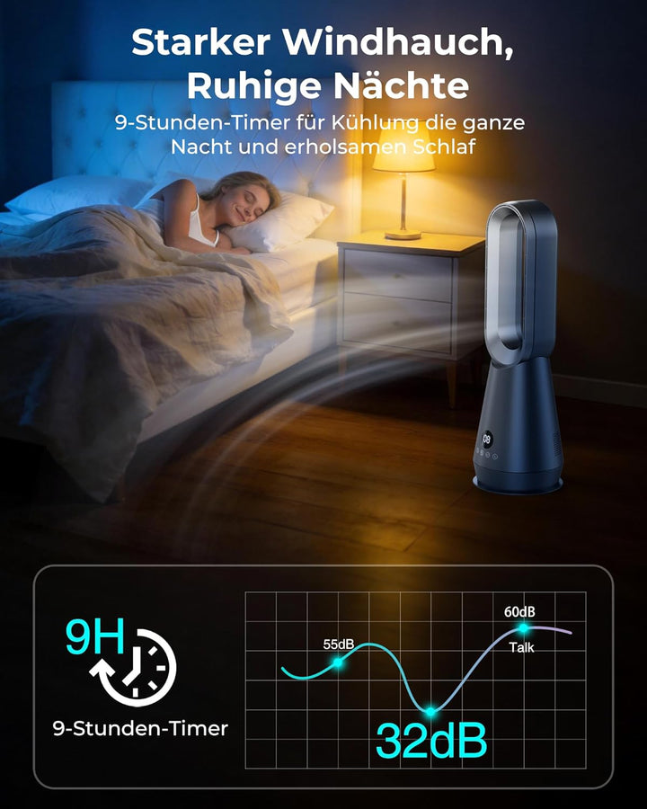 Turmventilator Leise - 22 Zoll Bladeless Turmventilator, 8 Stufen, 2 Modi, 80° Oszillation, LED Disp