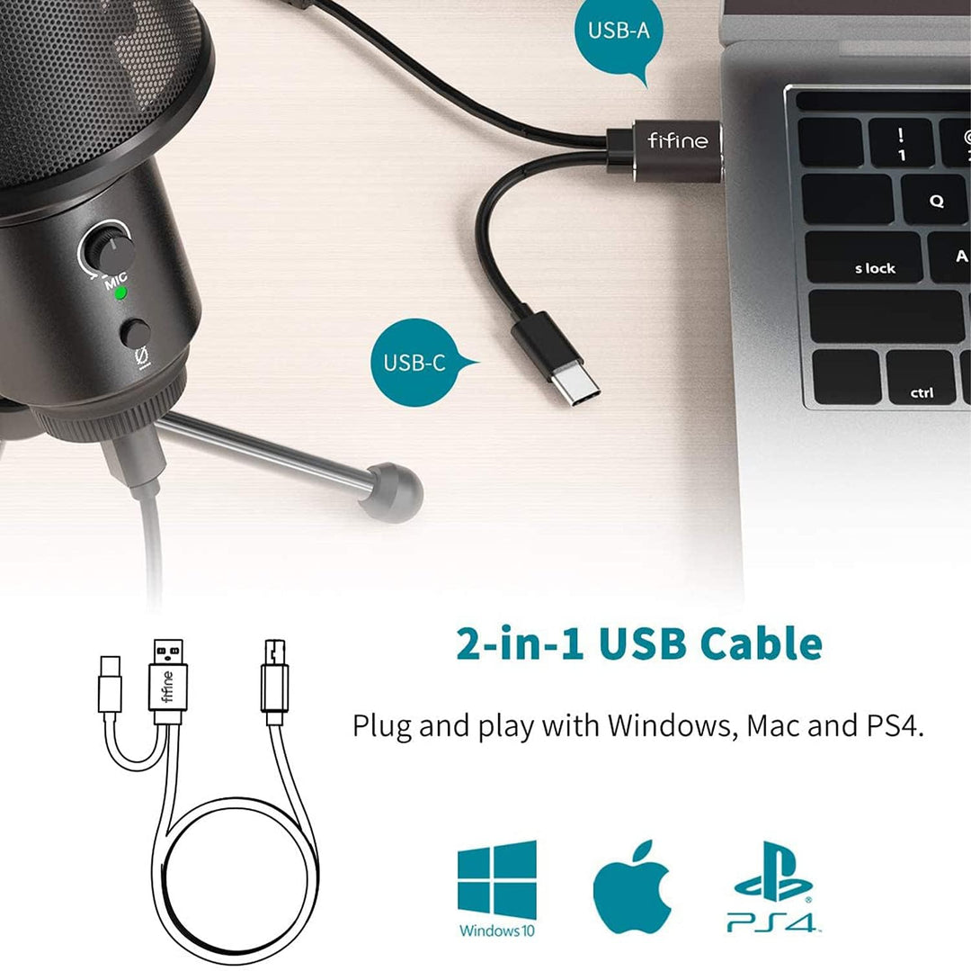 FIFINE Mikrofon PC Kondensator, Typ A/C USB mikrofon für MAC PS4 PS5, Microphone mit Ständer, Popfil