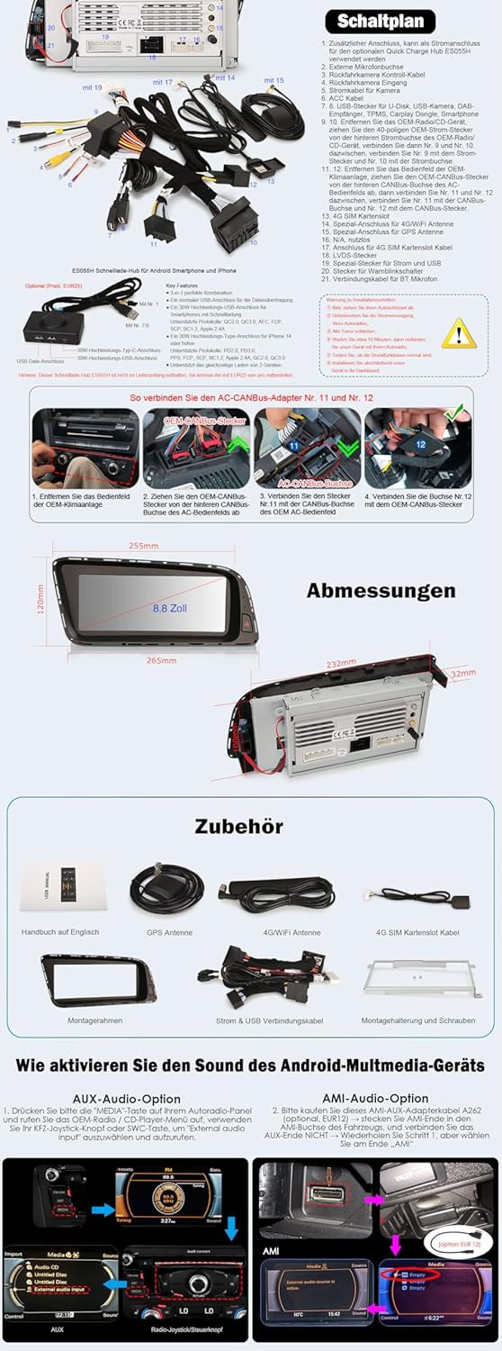 Erisin 8,8 Zoll 8-Kern 4GB RAM 64GB ROM Android 14 Autoradio mit GPS Navigation für Audi Q5 2009-201