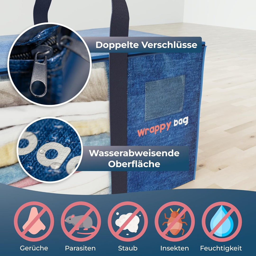 WRAPPYBAG im 4er-Pack Aufbewahrungstaschen in XXL-Format – Sichtfenster – Taschen für Umzug/Reise –