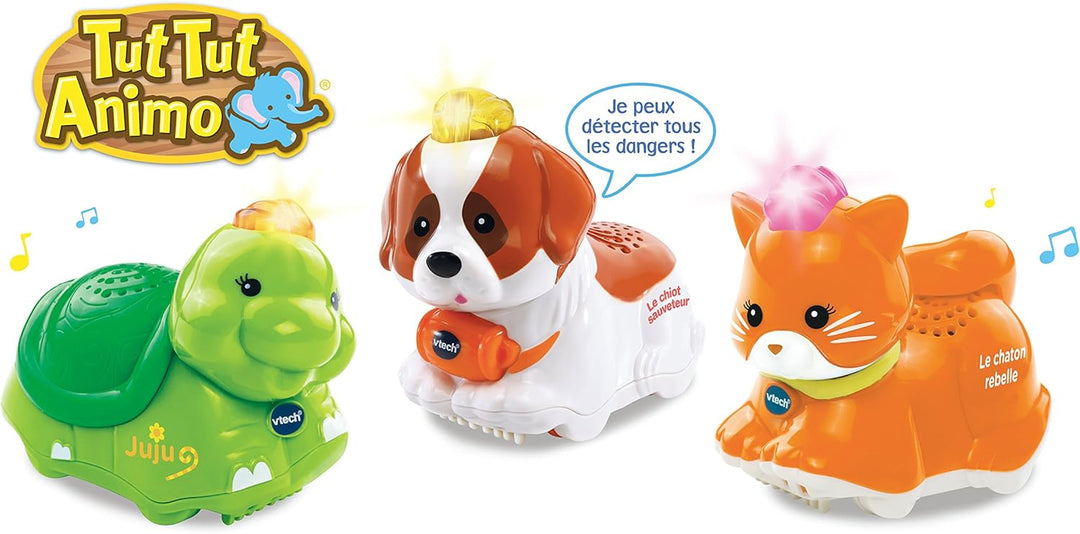 VTech - TUT TUT Animo, Trio-Box, 3 interaktive rollende Tiere, Katze, Schildkröte und Berghund, musi