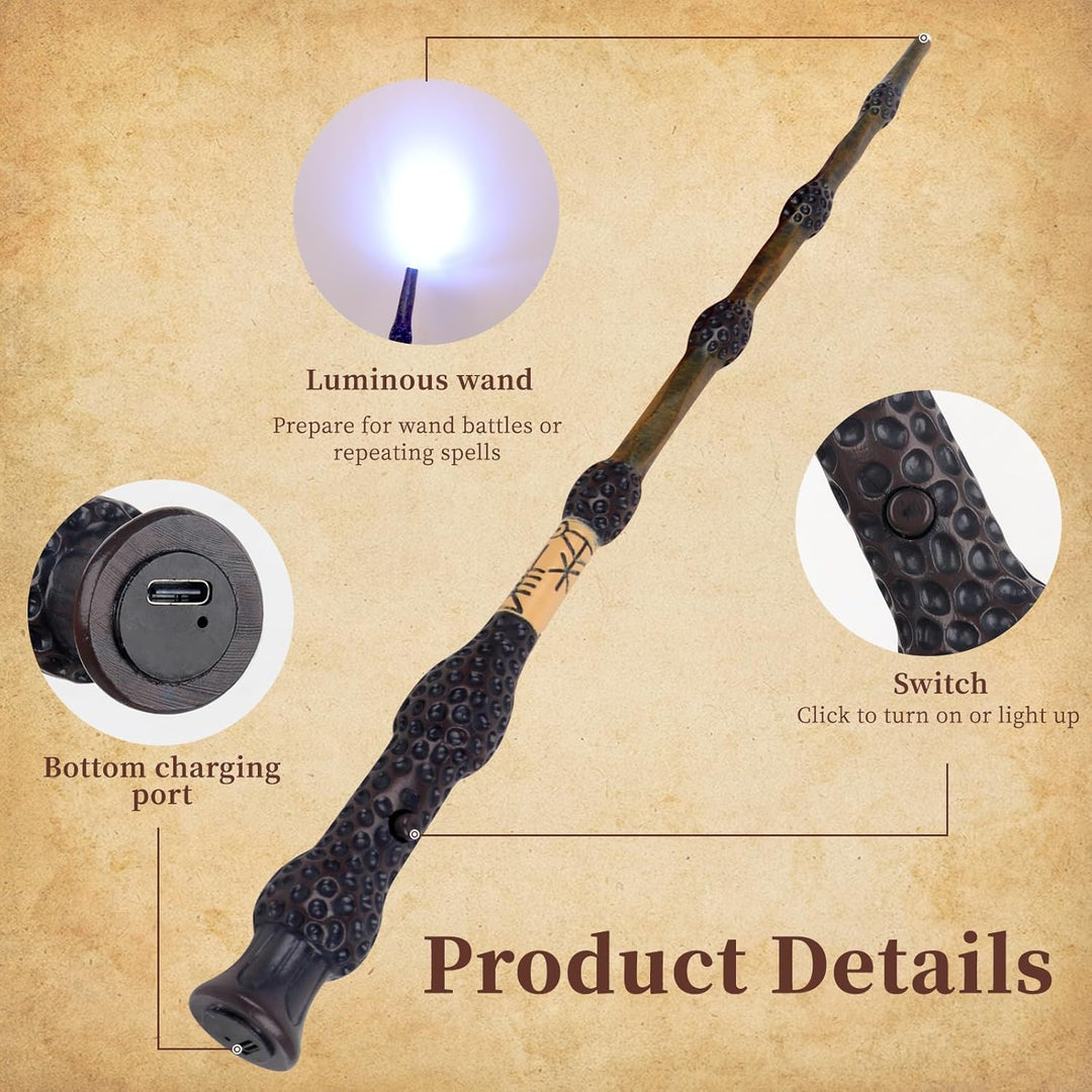 PLLYPE Zauberstab mit Licht, 38cm USB Aufladung Elderstab, Magic Wand in Geschenkbox mit Zauberspruc