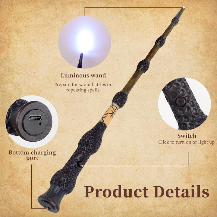 PLLYPE Zauberstab mit Licht, 38cm USB Aufladung Elderstab, Magic Wand in Geschenkbox mit Zauberspruc