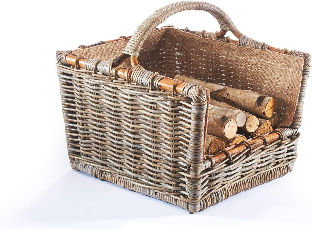 Kobolo Holztrage Holzkorb für Kaminholz - Rattan grau mit abnehmbarem Jutestoff