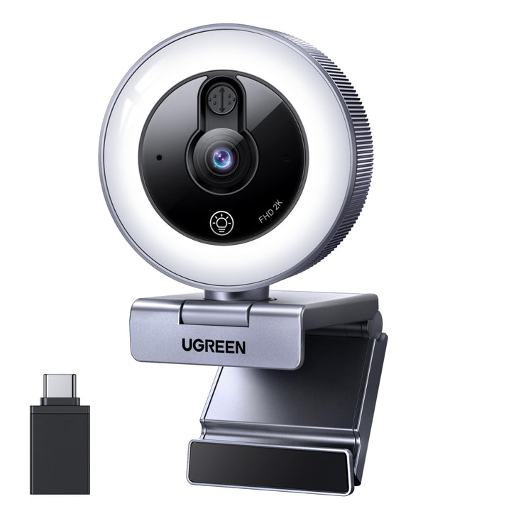 UGREEN 2K Webcam mit Ringlicht PC Kamera mit mikrofon Streaming Kamera mit Abdeckung Fixfokus 4 Füll