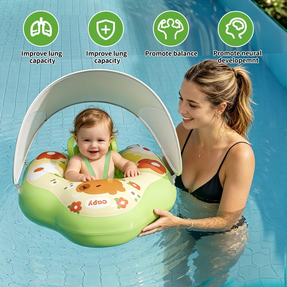 Schwimmring Baby mit Abnehmbarem Sonnendach, Baby Schwimmhilfe mit Sicherheitssitz, UPF50+ UV-Schutz