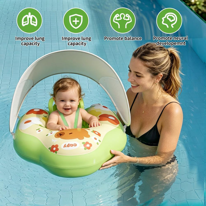 Schwimmring Baby mit Abnehmbarem Sonnendach, Baby Schwimmhilfe mit Sicherheitssitz, UPF50+ UV-Schutz