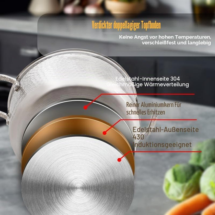 Edelstahl Kochtopf mit Deckel Induktion 3-Schicht Suppentopf Nudeltopf Hammerschlag Design grosser T