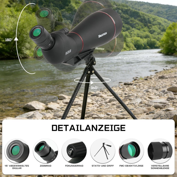 25-75 x 100 mm Spektiv mit Stativ, Porro Prisma FMC Objektiv -Low Light Vision mit Handy Adapter Tra