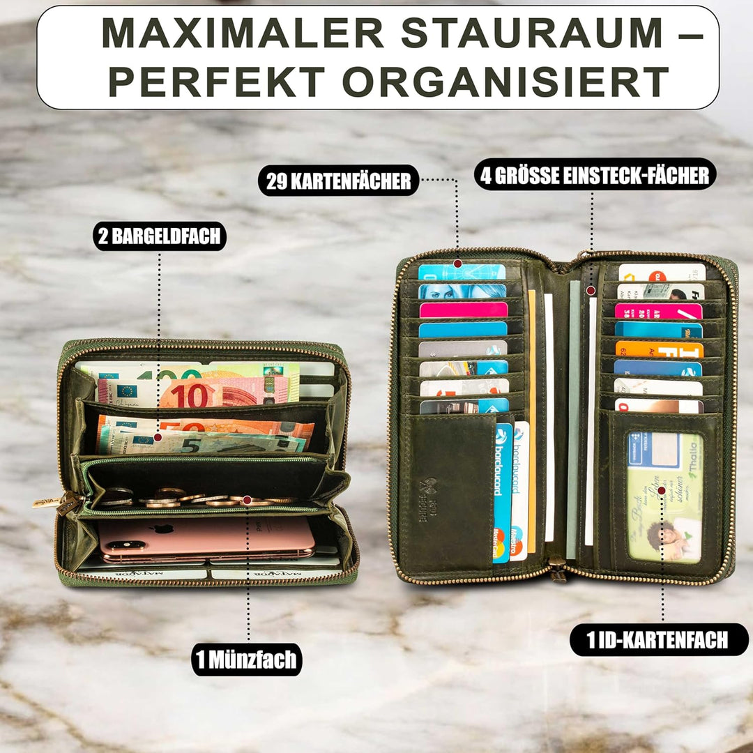 MATADOR Geldbörsen Damen Grün #Madrid mit Edle Geschenk Box, Eleganter Geldbeutel Leder mit RFID Wal