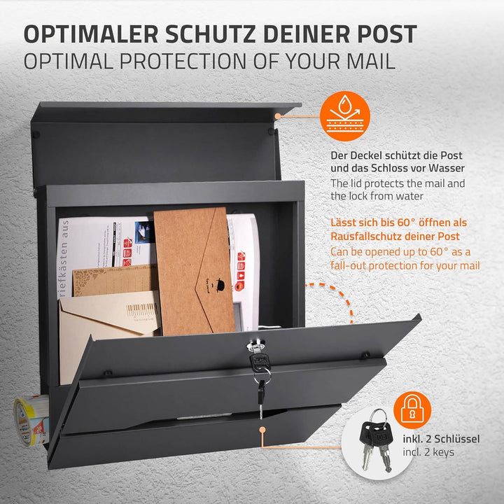 ECD Germany Briefkasten mit Zeitungsfach und Namensschild, aus Edelstahl pulverbeschichtet, Anthrazi