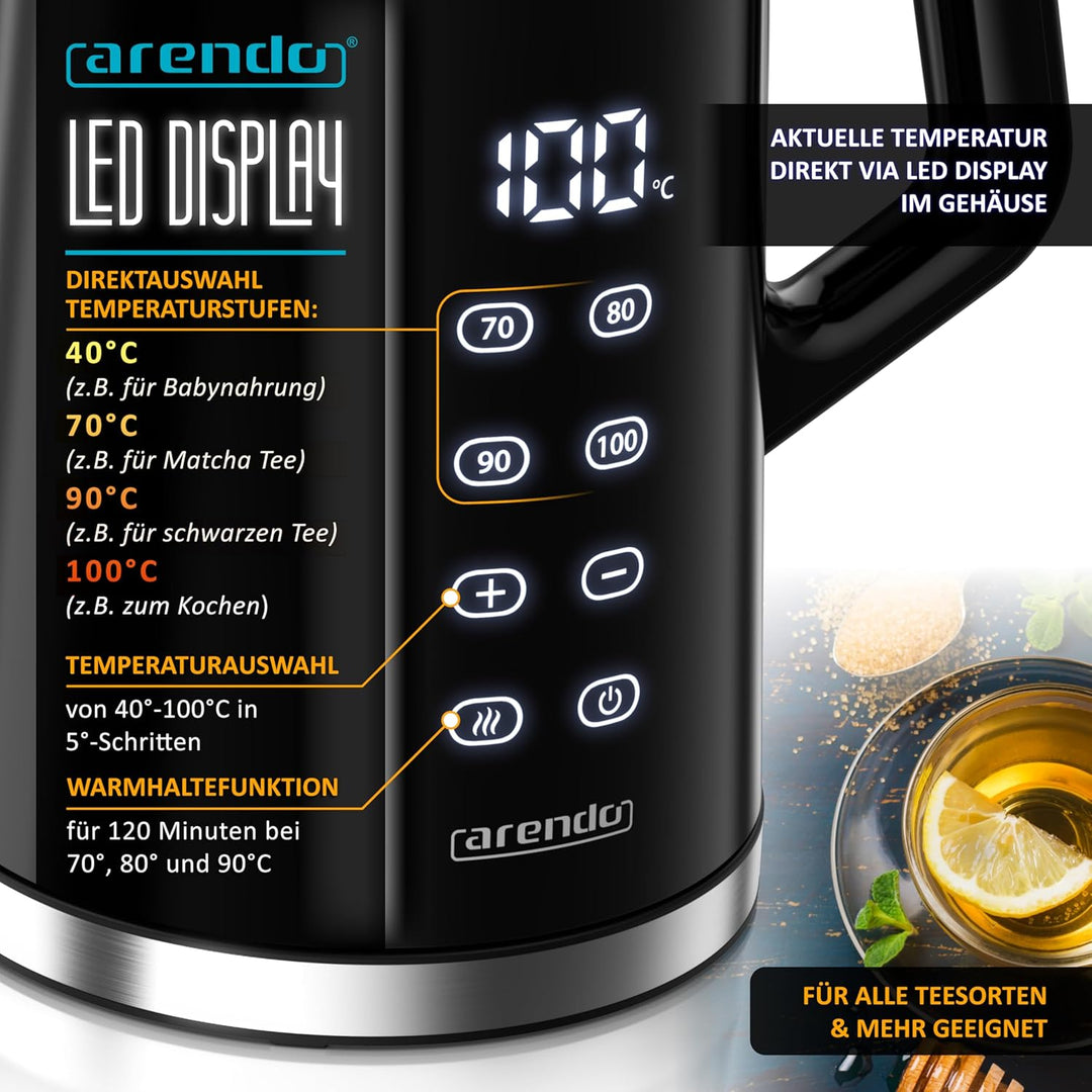 Arendo - digitaler Wasserkocher mit Temperatureinstellung - Edelstahl - Doppelwand Design Cool Touch