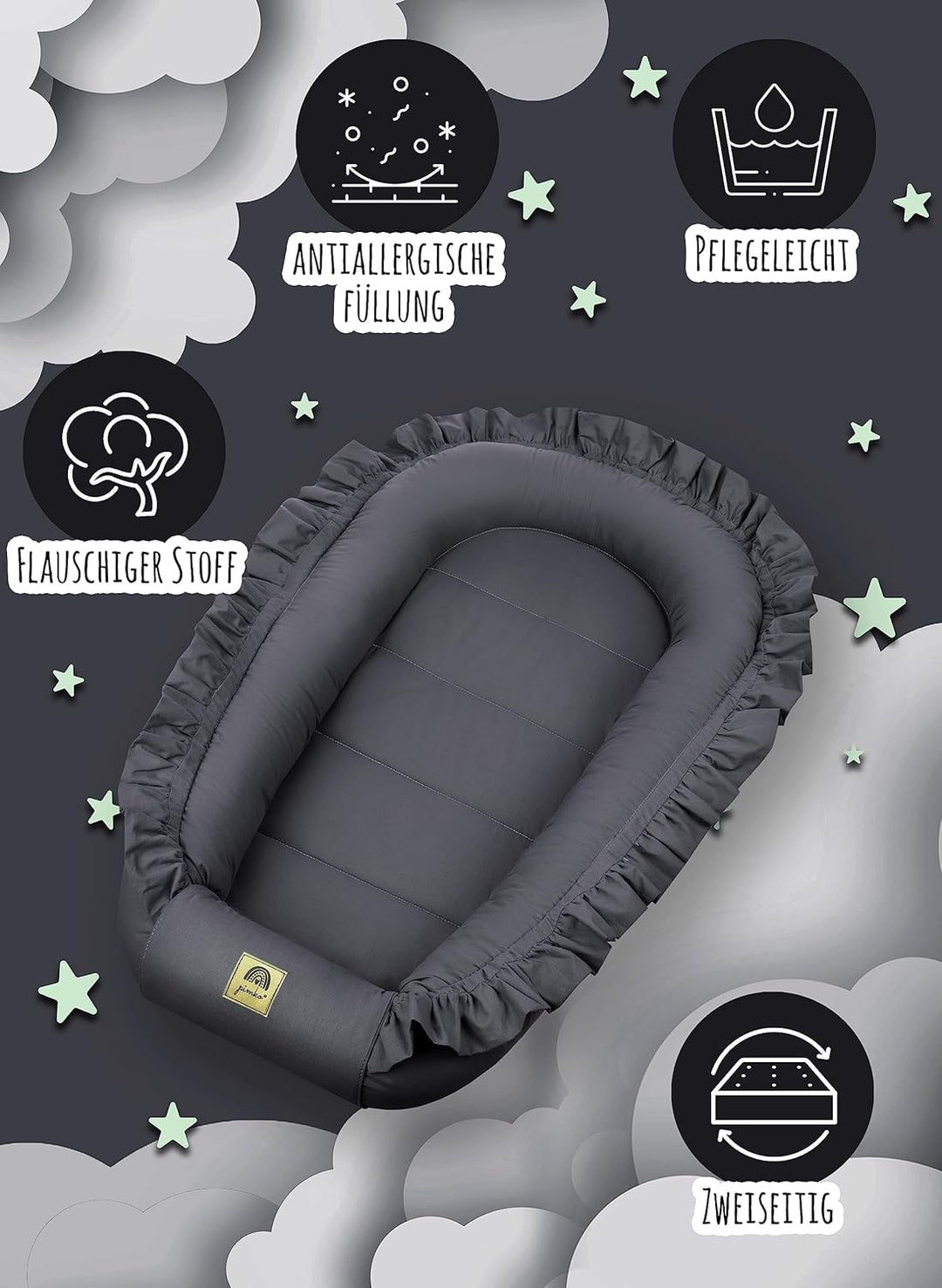 PIMKO Babynest mit rüschen Babynestchen für Baby Kuschelnest Babykokon für Säuglinge und Neugeborene
