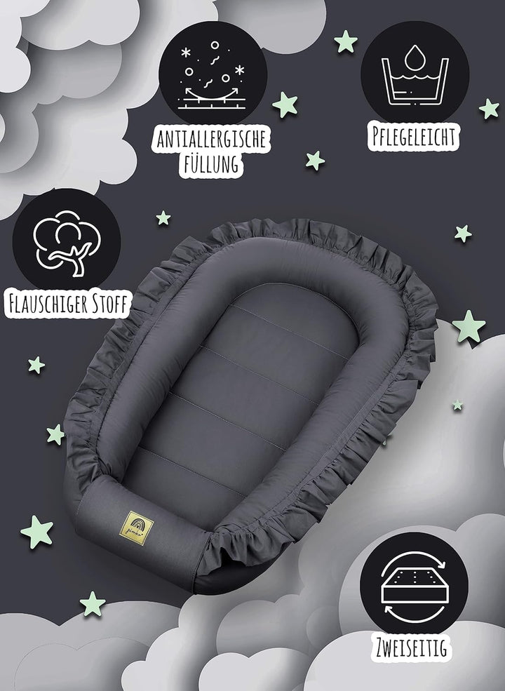 PIMKO Babynest mit rüschen Babynestchen für Baby Kuschelnest Babykokon für Säuglinge und Neugeborene