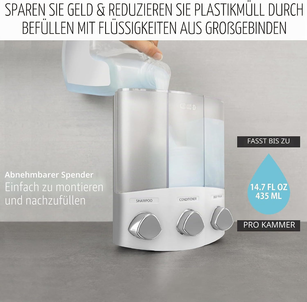 Better Living Seifen-, Duschgel- und Shampoo-Spender, in Chrom-Finish, ABS-Kunststoff, weiss, 3-Cham