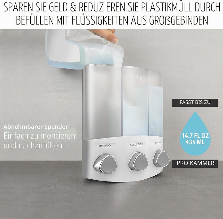 Better Living Seifen-, Duschgel- und Shampoo-Spender, in Chrom-Finish, ABS-Kunststoff, weiss, 3-Cham
