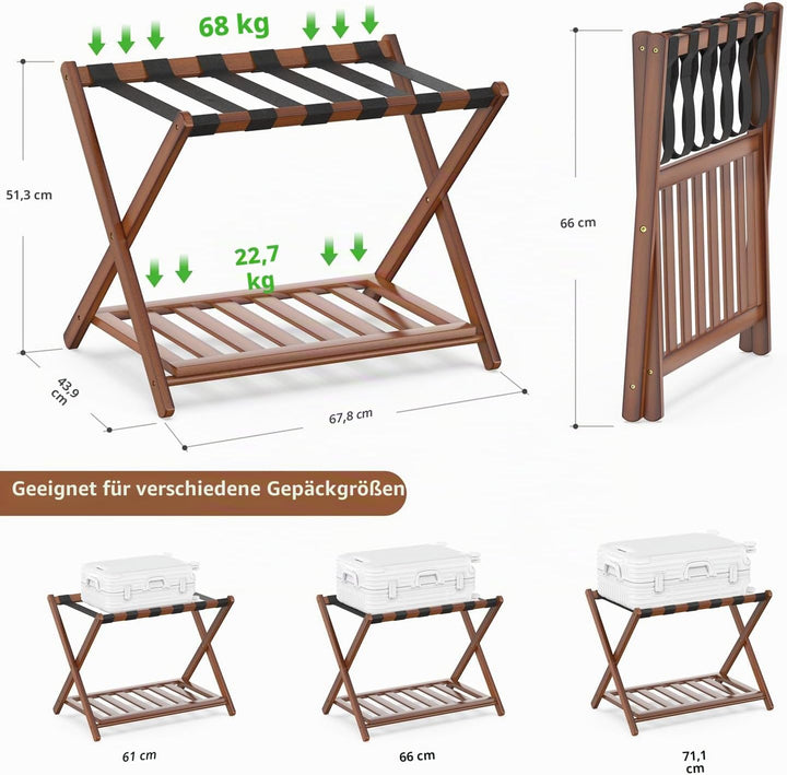 2er Set Bambus Gepäckablage für Gästezimmer, 26,77" Klappbarer Kofferständer mit Ablagefach, Verstär