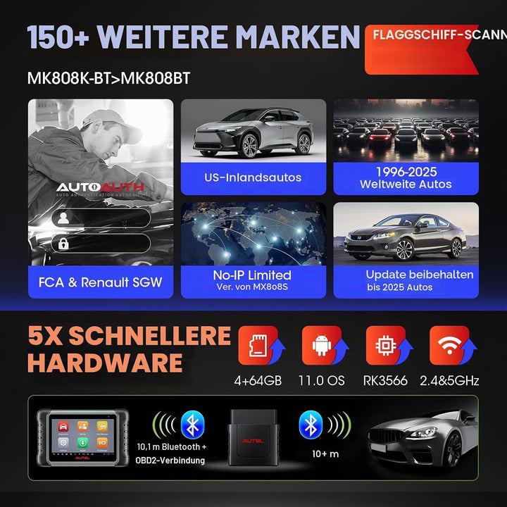 Autel MaxiCOM MK808K-BT OBD2 Diagnosegerät Auto, 2026 Bidirectionnel wie MK900BT MK808BT PRO, BT Ver