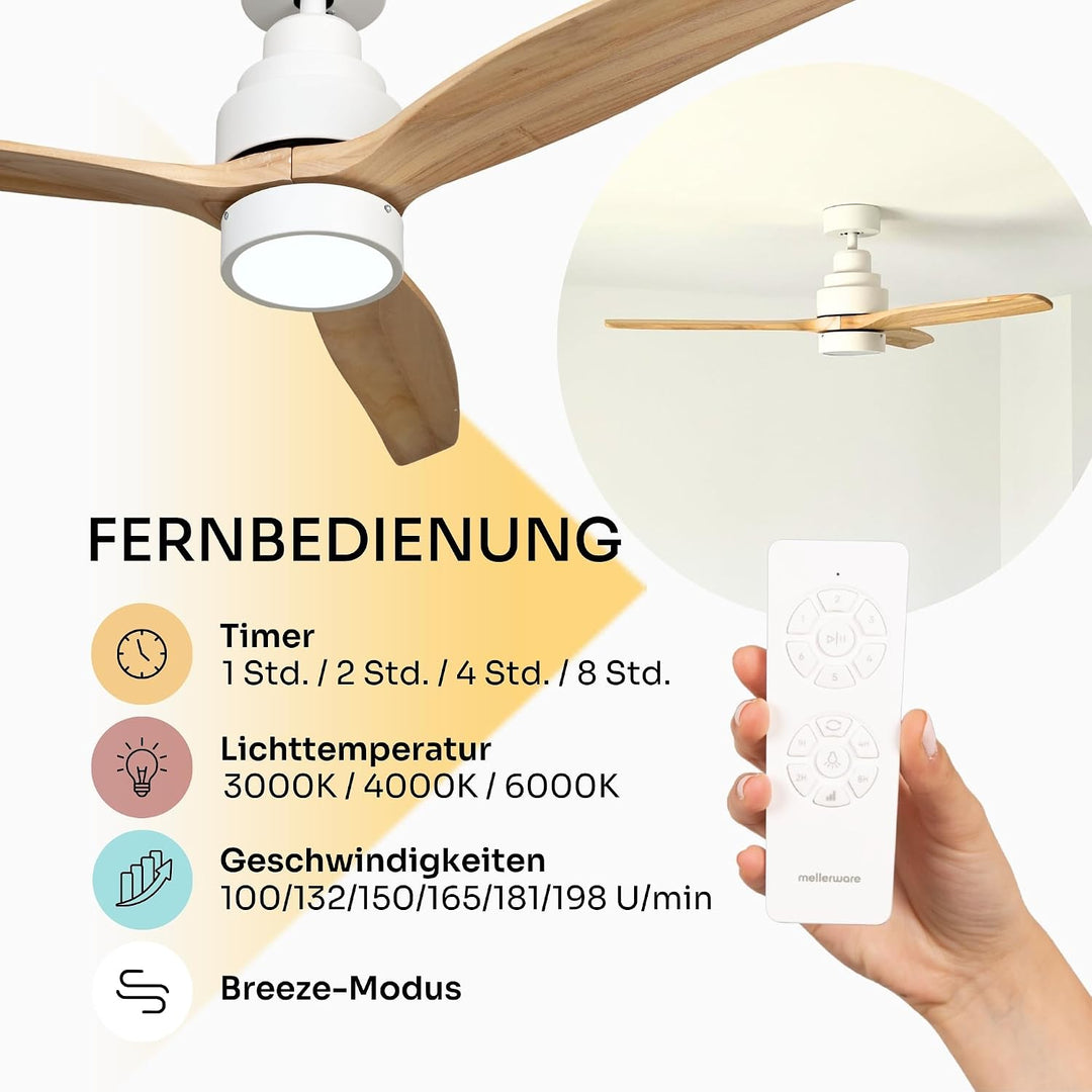 Mellerware - Deckenventilator mit Fernbedienung Brizy Bright | 45 W | 6 Geschwindigkeiten | Ultra le