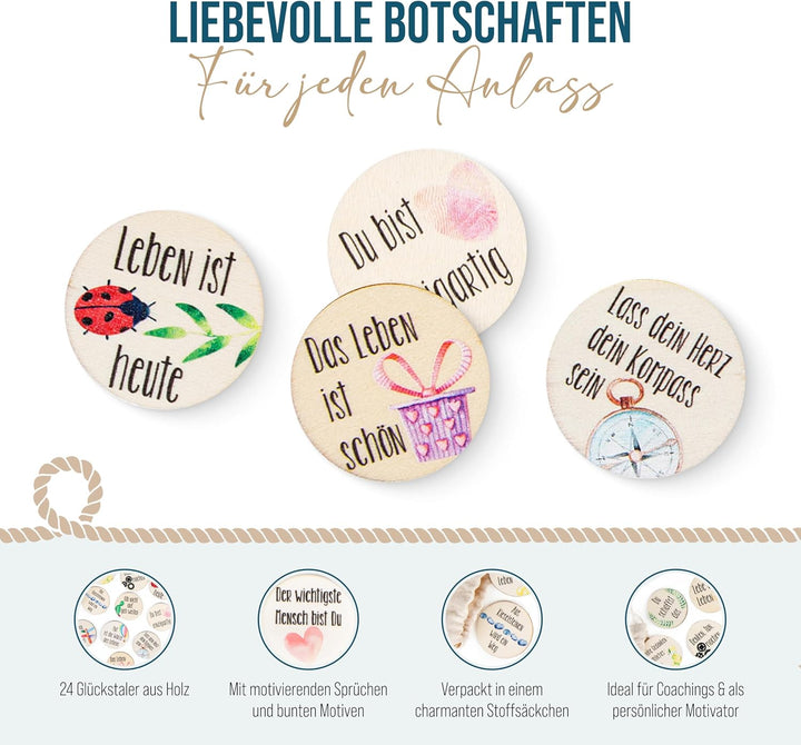 Kleine Holztaler mit Sprüchen, 24 Stück: Holz-Glückstaler Beschriftet, Motivationssteine-Set, Mit St
